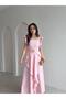 Women's Pink Square Neck Thick Strap Waist Belt Detailed Ruffle Sleeve Maxi Length Evening Dress - 2