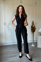 Buttoned Belted Shirt Collar Tencel Fabric Black Jumpsuit - 2
