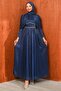 Navy Blue Draped Janjan Evening Dress with Stones on the Waist