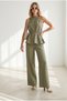 Women's Khaki Halter Neck Bell Blouse with Pockets Linen Pants Set Tkm-19000510