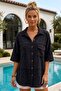 Black Shirt Collar 3/4 Sleeve Buttoned Pocket Embroidered Star Appliqué Casual Cotton Woven Shirt 75 65 - 4