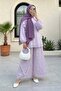 Crew Neck Ruffled Front Lined Voile Suit with Elastic Sleeves -Lilac