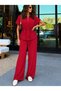 Women's Short-Sleeved Collared Front-Buttoned Waist-Tie Aerobin Blouse and Trousers Two-Piece Set - 2