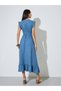 Blue V Neck Gathered Waist Casual Maxi Dress - 5