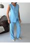 Women's Gold Button Detailed Vest and Trousers Two-Piece Set - Baby Blue - 5