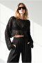 Women's Black Sequined Openwork Crop Knitwear Blouse Blz-19003423