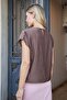 Women's Wide Crew Neckline Blouse with Knitted Accessories and Shoulder Epaulettes - Brown - 4