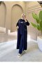 Women's 3-Piece Tracksuit Set with Hooded Long Cardigan Sweatshirt and Wide-Leg Pants, Two Threads N-05530 _ Navy Blue - 2