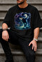 Orca Killer Whale Themed Oversize T-Shirt, Storm Ocean Pattern Loose Fit 100% Cotton Combed Single Jersey Dtf Printed Unisex Black T-Shirt - 4