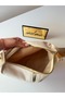 Women's Gold Canvas Leather Detailed Shoulder Bag Striped Classic Handbag - 3