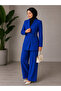 Cobalt Blue Women's Belted Blazer Jacket Palazzo Trousers Two-Piece Set – Suitable for Daily Use
