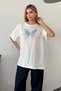 Women's Butterfly Embroidered T-Shirt with Stone Detail White - 26Y 5109 - 4