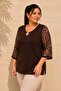 Women's Plus Size Sleeve Patterned Tulle Collar Hollow Out Pearl Accessory Wide Three-Quarter Sleeve Stretchy Viscose Blouse - 5