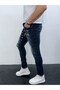 Men's Slim Fit Bandana Patterned Ripped Detail Lycra Denim Jean Trousers Dark Blue - 6