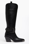 Black Matte Leather Big Buckle Trok Detail Western Cowboy Knee-High Boots - 3