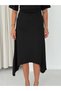 Women's Black Asymmetrical Cut Waist Drawstring Detailed Crew Neck Midi Dress - 5