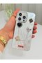 iPhone 14 Pro Max Stone Case with Pearl Necklace Detail, Marble Effect 3D Heart and Motif Charm Cover - 5