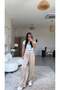 Beige Shiny Satin Trousers with White Detail at the Waist