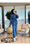 7498 denim front panel stitch detail lace-up set - blue