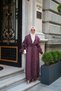 Women's Ribbon Stone Detail Waist Tie Ruffled Sleeves Tulle Long Abaya Plum - 4