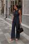 Navy blue jacquard vest and pants set with metallic button detail 10361 - 7