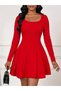 Women's Long Sleeve Square Neck Mini Imported Crepe Dress