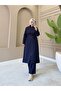 Women's 2-Piece Pearl Detailed Dabıl Fabric Hijab Set – Long Jacket and Pants Set with Zipper N-05531 _ Navy Blue