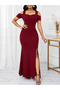 Women's Off-The-Shoulder Strap Slit Detailed Long Imported Crepe Dress - 3