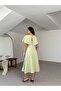 Women's Green Square Collar Thick Strap Crepe Fabric Backless Cape with Elastic Closure Stone Detail Midi Length Evening Dress - 4