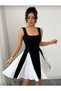 Women's Square Neck Double Color Bell Skirt Detail Mini Dress