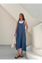 Premium Denim Pocket Salopet Dress and Single Jersey Combed Cotton Blouse Two-Piece Set - 4
