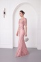 Women's Pink V-Neck Short Sleeve Stoned Long Evening Dress - 2