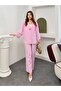Single Gold Button V-Neck Wide Sleeve Wrinkled Textured Kimono Trouser Set 9110 - Pink - 3