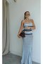Women's Summer Blue Striped Strappy Stylish Bead Detailed Long Summer Fabric Knitwear Dress (S/M) - 4