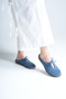 Women's Genuine Leather Flat Slippers with Bow Detail - Blue Suede - 2