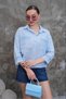 Women's Blue Guipure Detailed Double Pocket Linen Shirt Pc028 - 2