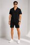 Men's 2-Piece Crepe Fabric Pocket Shirt Shorts Set Short Sleeve Lace-Up - Black - Navy Blue - 4