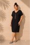 Women's Plus Size V-Neck Aerobin Linen Midi Dress with Folded Sleeves and Necklace (Not Stretchy) - 4