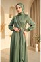 Satin Fabric Hijab Evening Dress with Brooch on the Waist 5811-03 Green - 3