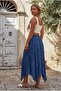 Dark Blue Lined Fringed Cut Elastic Waist Casual Wrinkled Long Woven Skirt 95 70 - 8