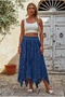 Dark Blue Lined Fringed Cut Elastic Waist Casual Wrinkled Long Woven Skirt 95 70 - 3