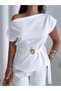 Asymmetrical Cut White Blouse with Gold Belt