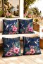 Navy Blue Flowers and Birds Patterned 4-Piece Throw Pillow Cover Set
