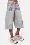 Women's Denim Color T-4S6-99 Baggy Bermuda Embroidery Shiny Stone Special Design Jort - 4