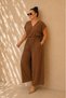 Women's Plus Size Double Breasted Collar Waist Elastic Belted Wide Leg Short Sleeve Pocketed Lightweight Stretch Aerobin Jumpsuit