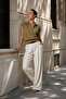 Women's Light Khaki Polo Collar Bat Sleeve 100% Cotton Knitwear Blouse - 5