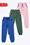3-Piece Girls' Pocket Piping Detailed Elastic Cuffed Plain Unprinted Sweatpants