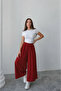 Elastic Waist Wide Cut Flared Double Crepe Trouser Skirt - Red