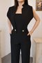 Women's Black Sleeveless High Neck Gold Button Detailed Wide Leg Ankle Length Jumpsuit with Pockets - 4