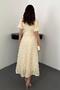 Women's Beige Midi Rose Appliqué Balloon Sleeve Round Neck Lined Event Dress - 5
